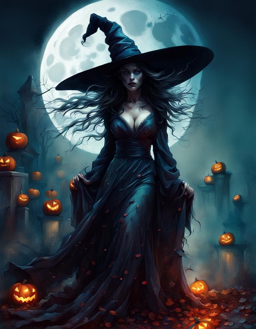 Halloween Witch by Moonlight. AI Generated Artwork NightCafe Creator