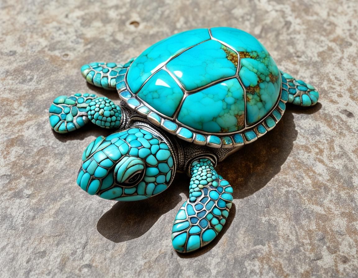 Turquoise turtle resting on top of a larger cabochon of solid turquoise ...