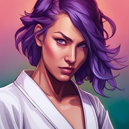 Portrait of a purple haired athletic girl in a tight karate ...