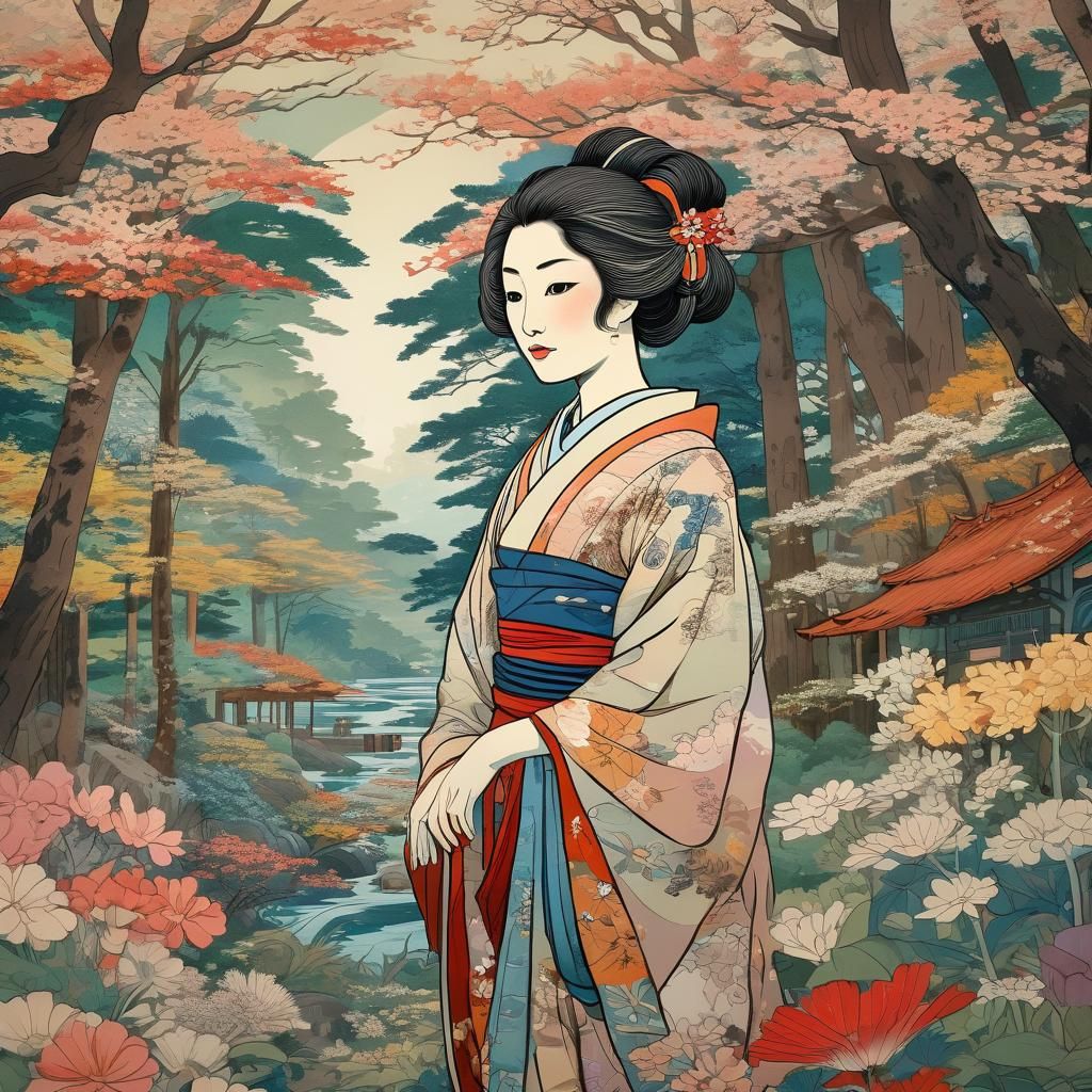 A small wodden woodblock print in the style of Ukiyo-e, with a picture of a frorest with flowers and ...  by @Damaz