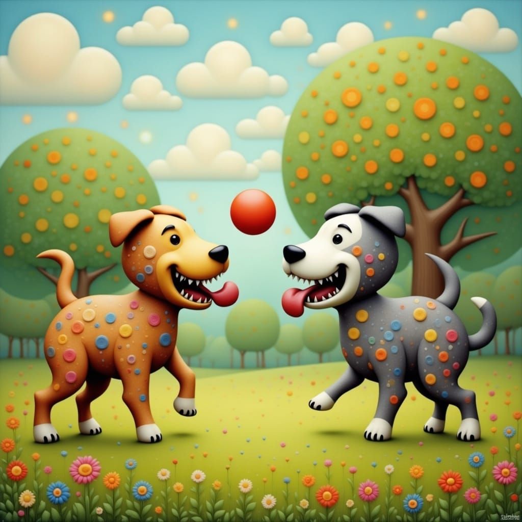 <lora:Flux Surreal ArtBrut:1.0> Dog friends catching a ball