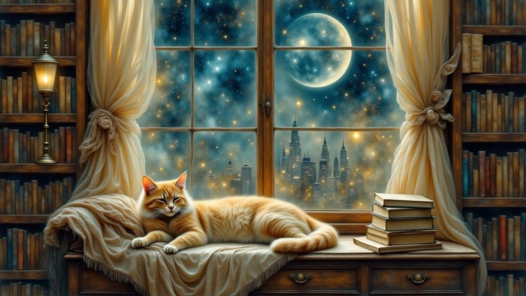 “A whimsical dreamscape uniting four sleeping cats in a single enchanted bedroom window view: foreground fluffy tabby napping cozily in a wa...