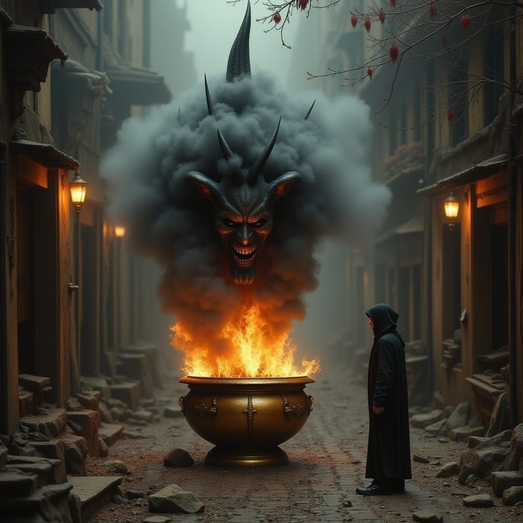 <lora:Dark Portraits:1.0> <lora:Drawings by Kai:1.0> <lora:Evil Ways Flux:1.0> "an angry black genie rising in smoke from an urn in front of...