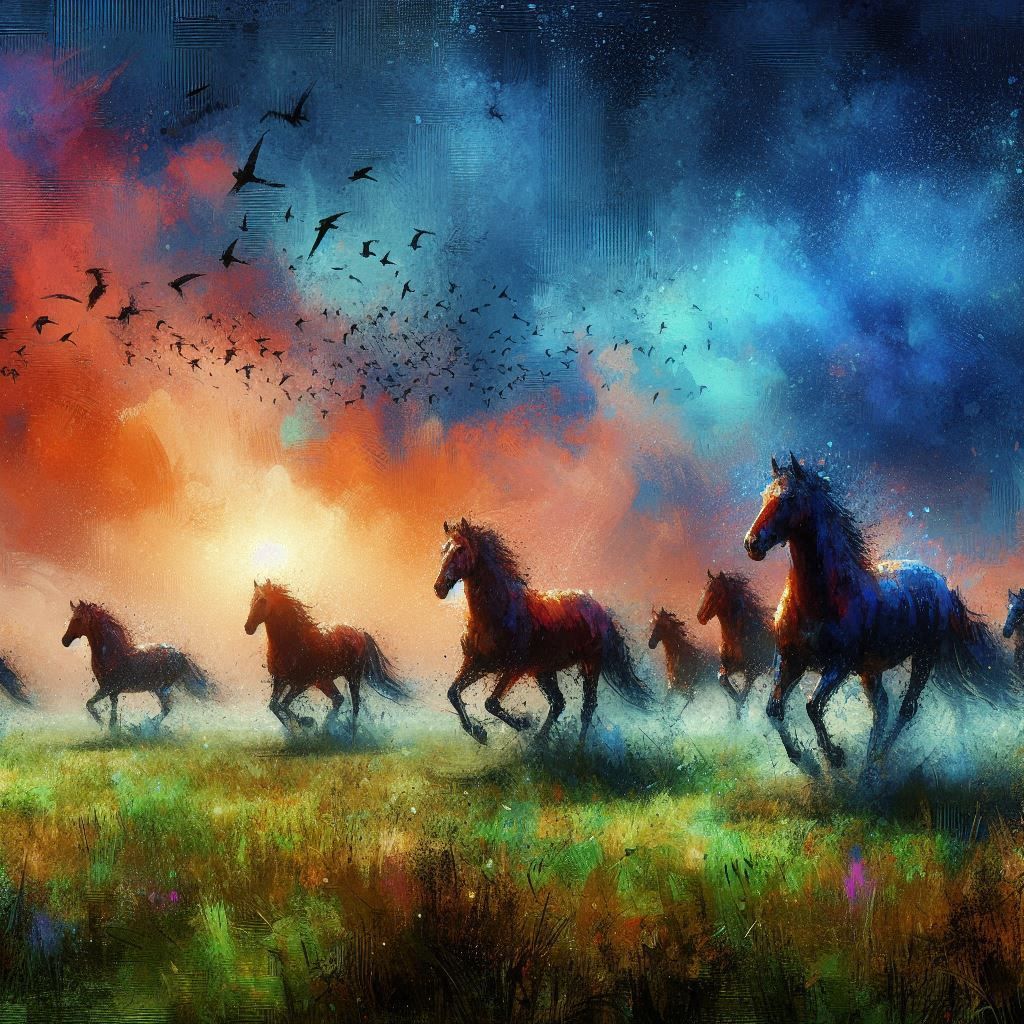 Running horses amid the meadow