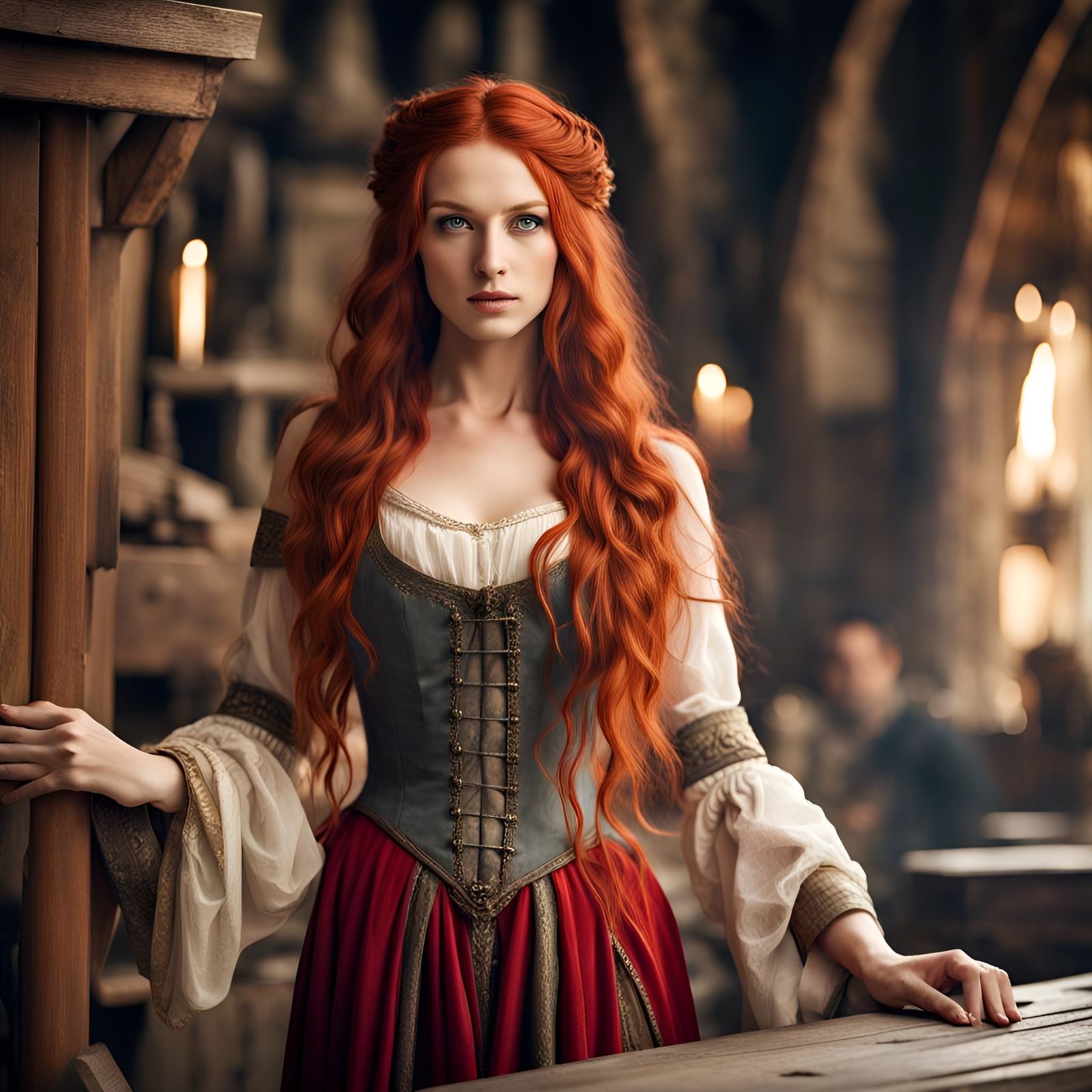 Female, Adult, long red hair, merchant , middle ages, history, fantasy ...