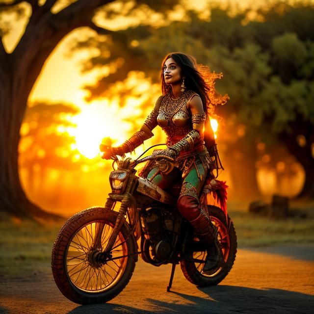  <lora:Joyful:1.0> Female warrior in the sunset