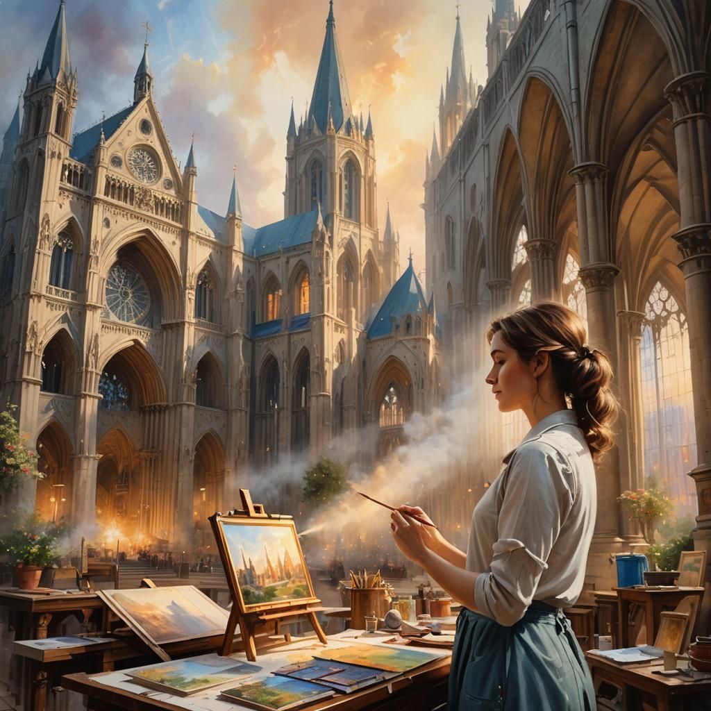 Female painter in large cathedral on canvas,background