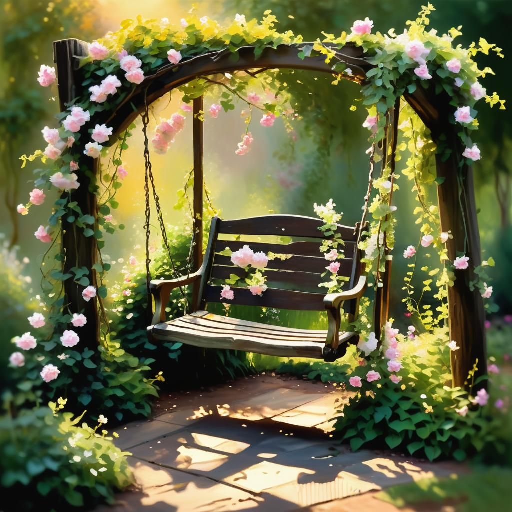 Flowering vines around a rustic wooden swing