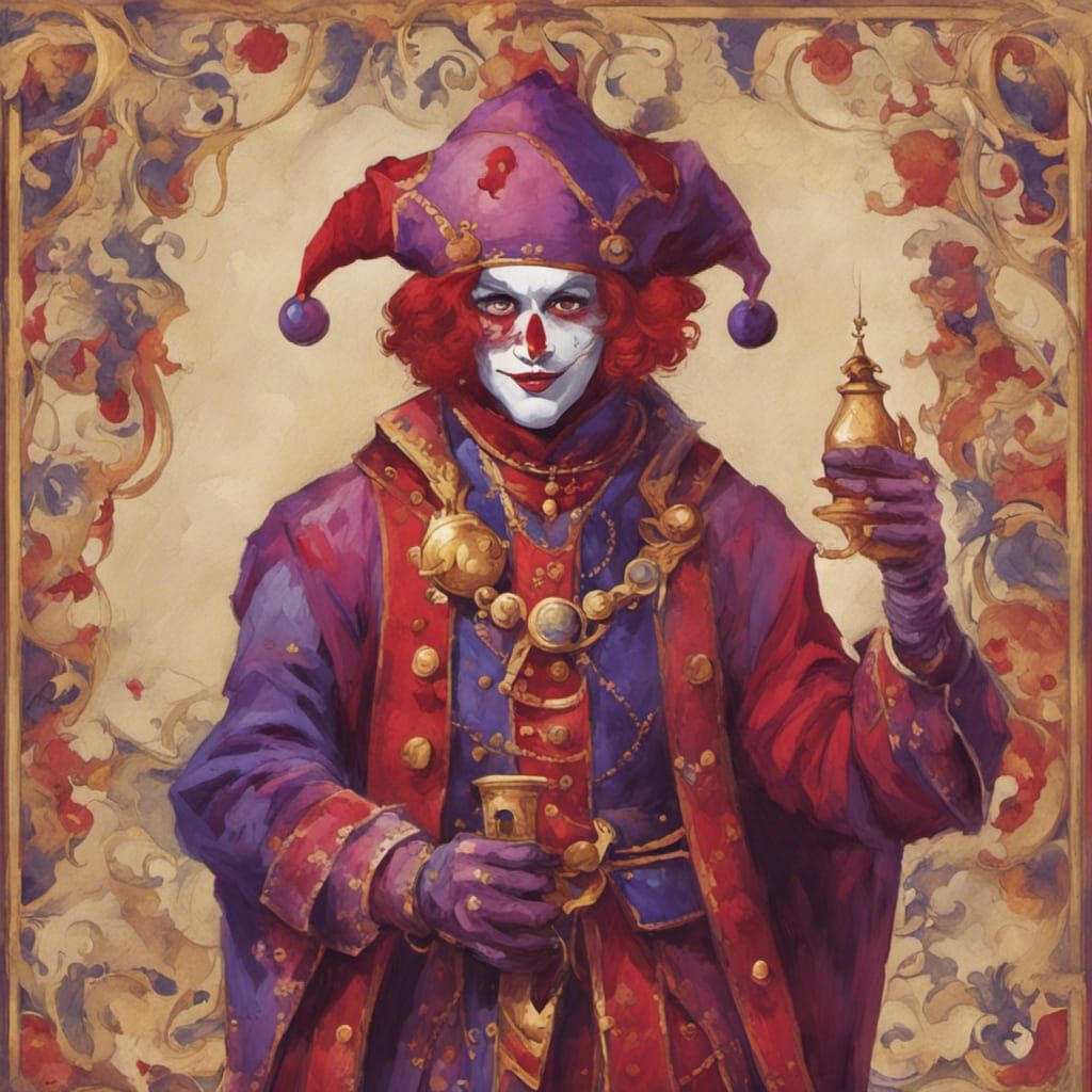 “Depict a jester in vibrant, traditional attire, but upon closer ...