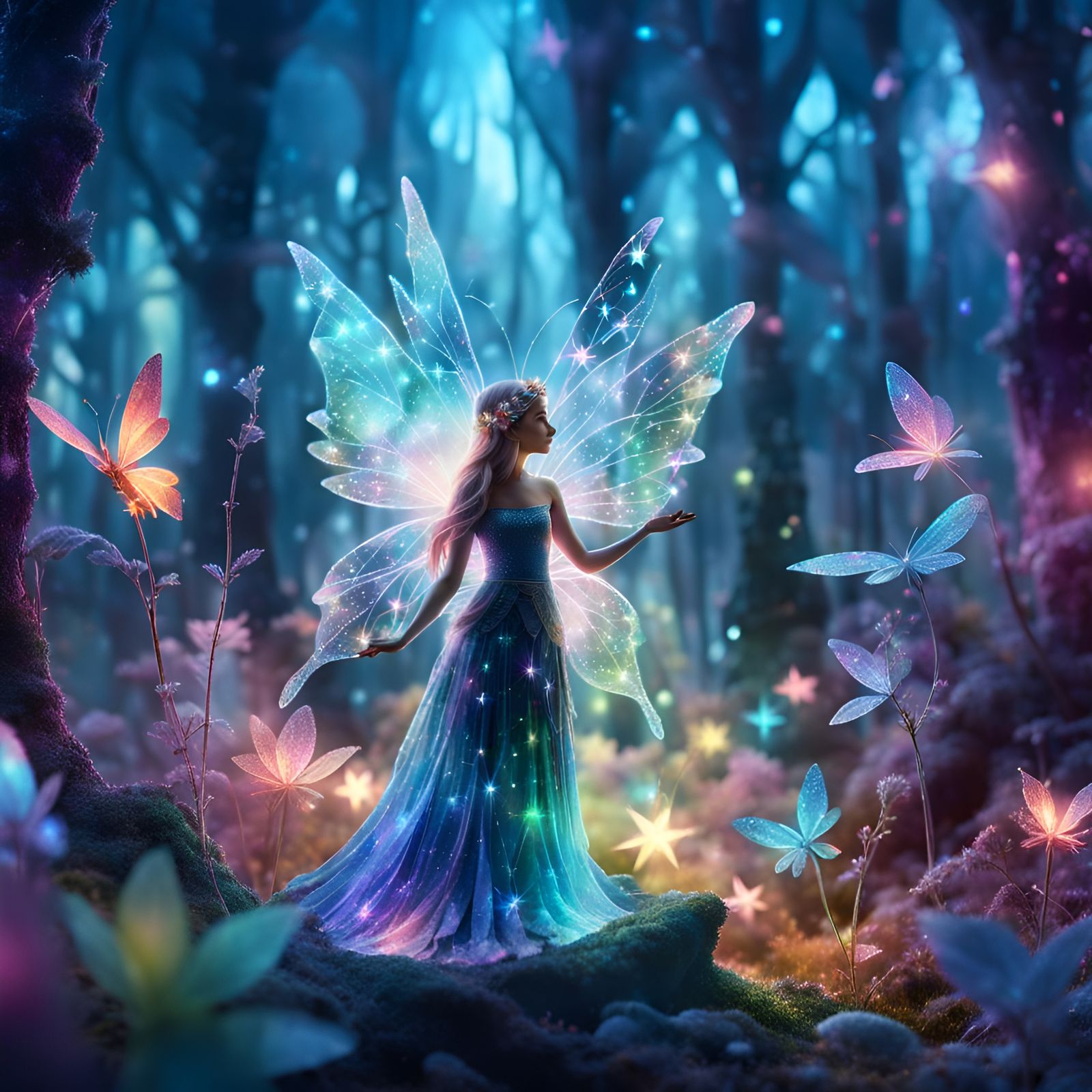 A crystal detailed beautiful colorful glowing fairy standing in a ...