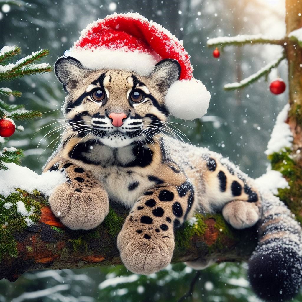 Clouded leopard wearing a Christmas hat