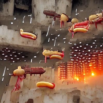 raining hot dogs in a dystopian war torn city