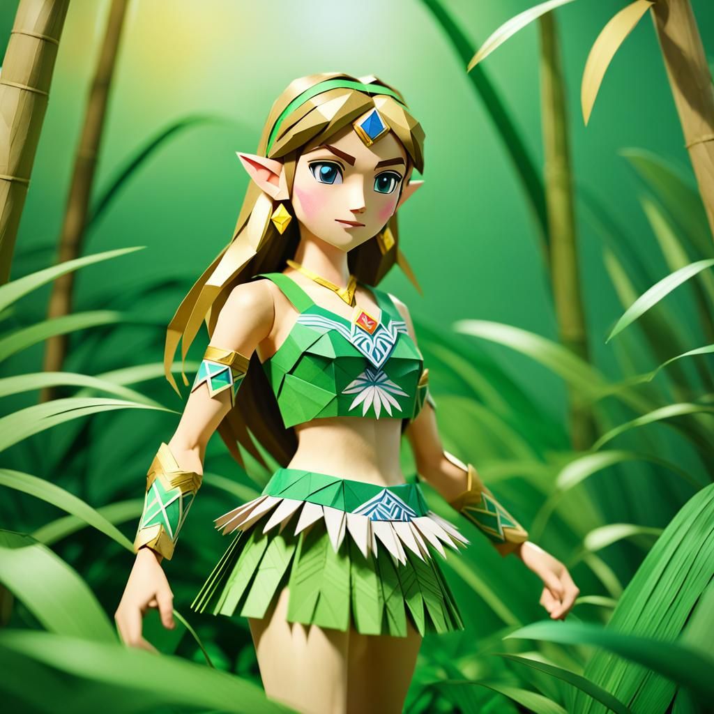 Princess Zelda, wearing a coconut-bra top and a grass-skirt