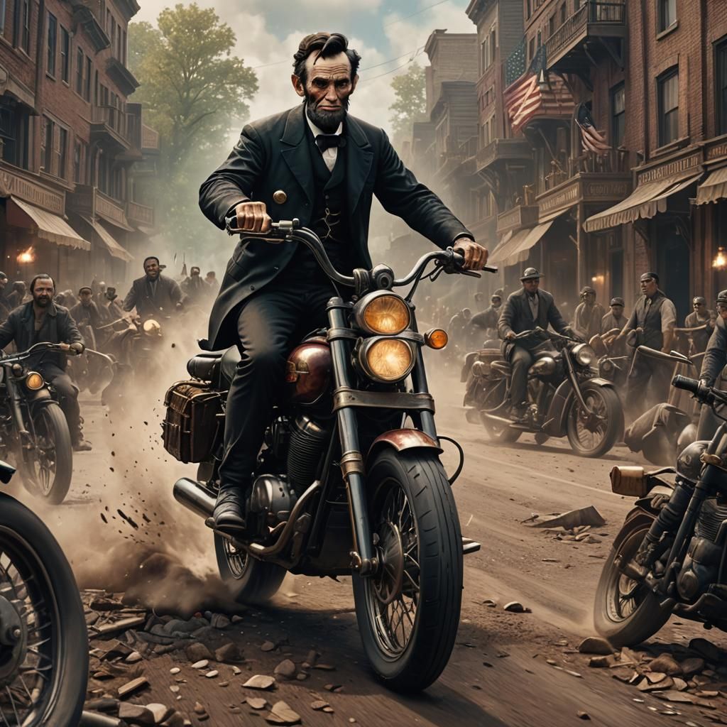 Abraham Lincoln riding a motorcycle 