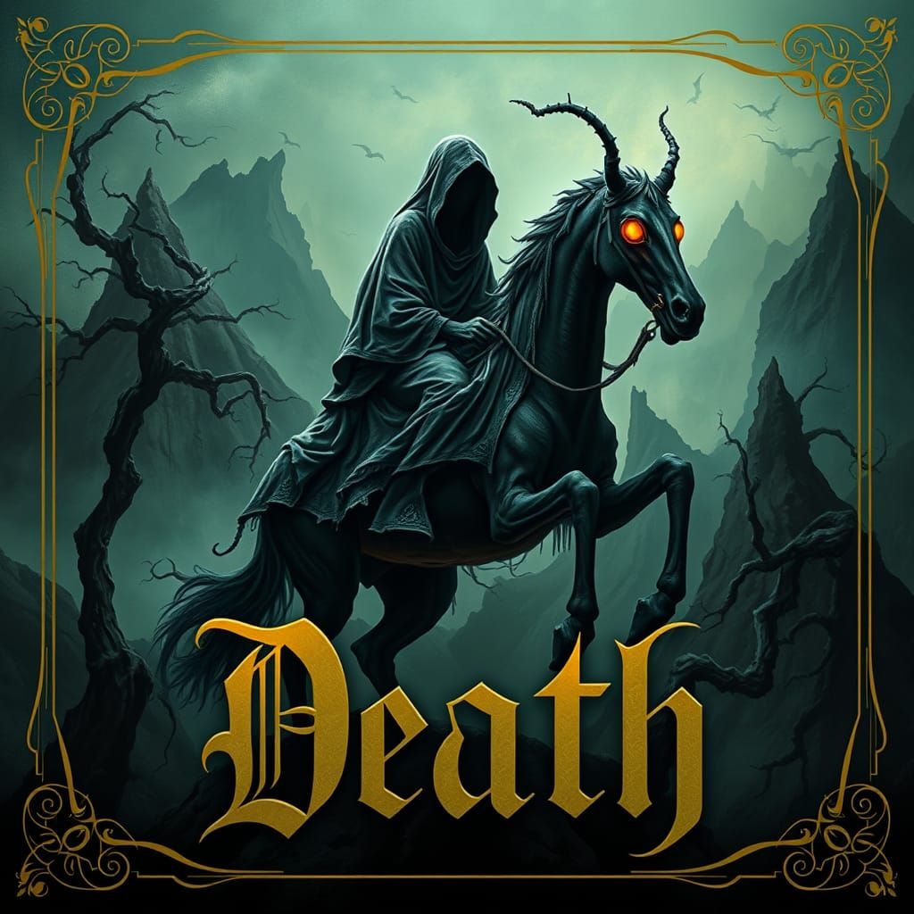 A spectral figure riding a surreal horse, with a dark, twist...