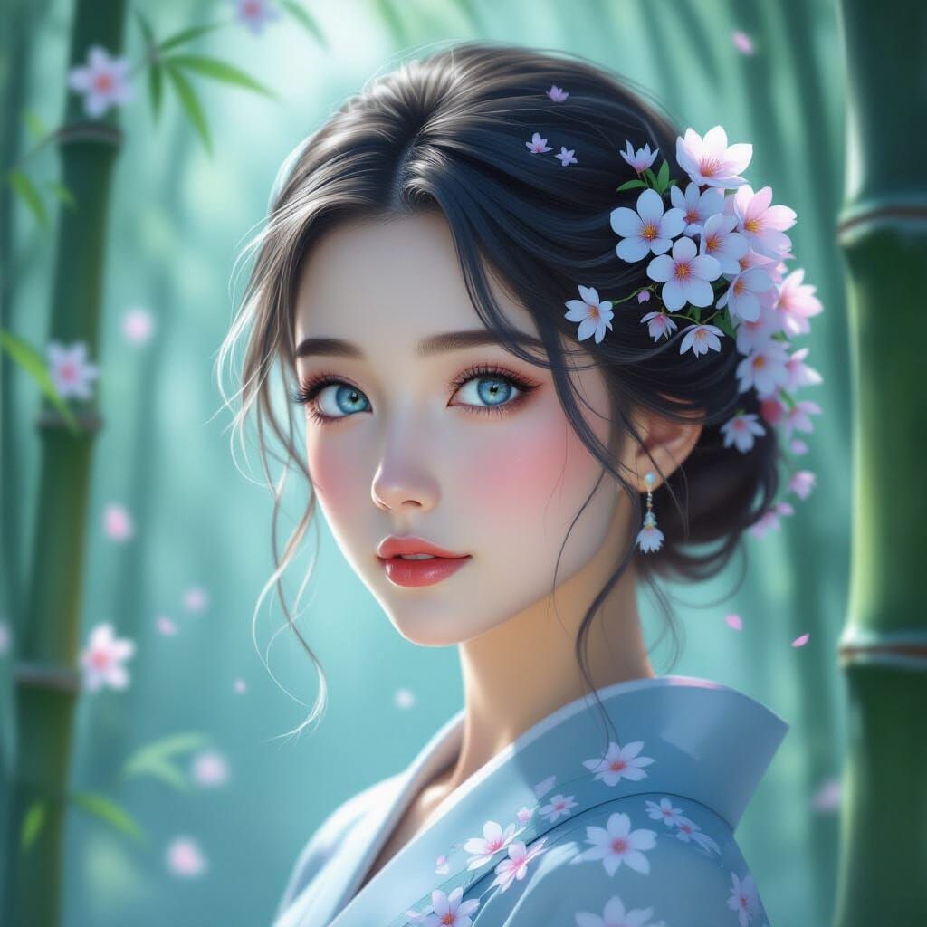 Serene Young Woman in Misty Bamboo Forest at Dawn