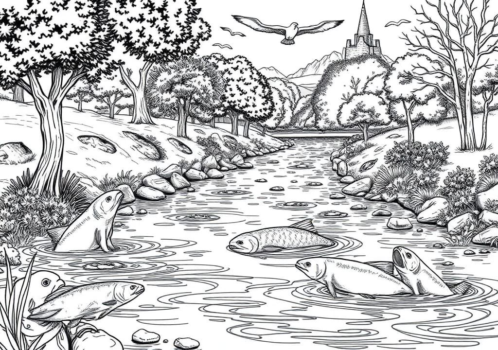 Un río con salmones, con árboles, con osos pardos en el agua...