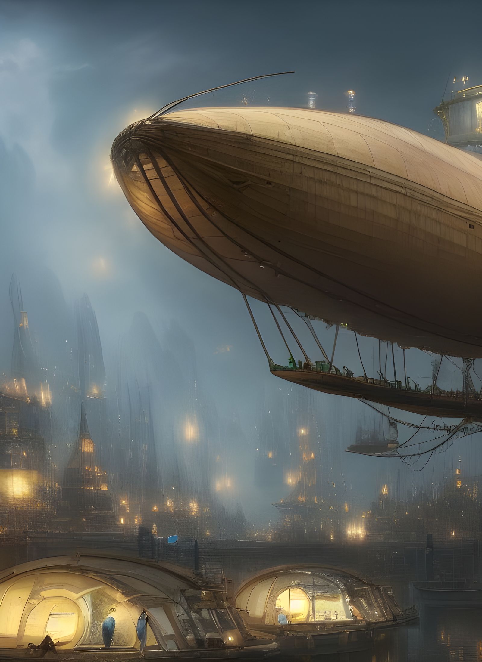 A bustling fantasy airship harbor with people busy loading a...