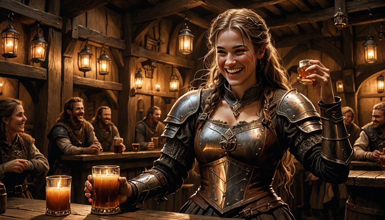 female hero warrior laughing at medieval pub drinking ale from wooden tankards 