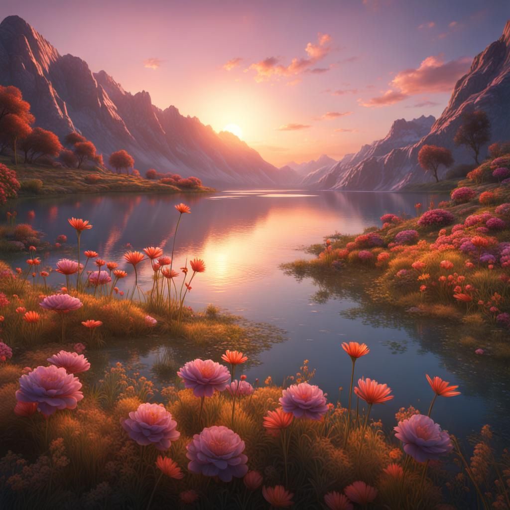 Sunset Serenity nice flowers on a valley and a lake  by @undefined