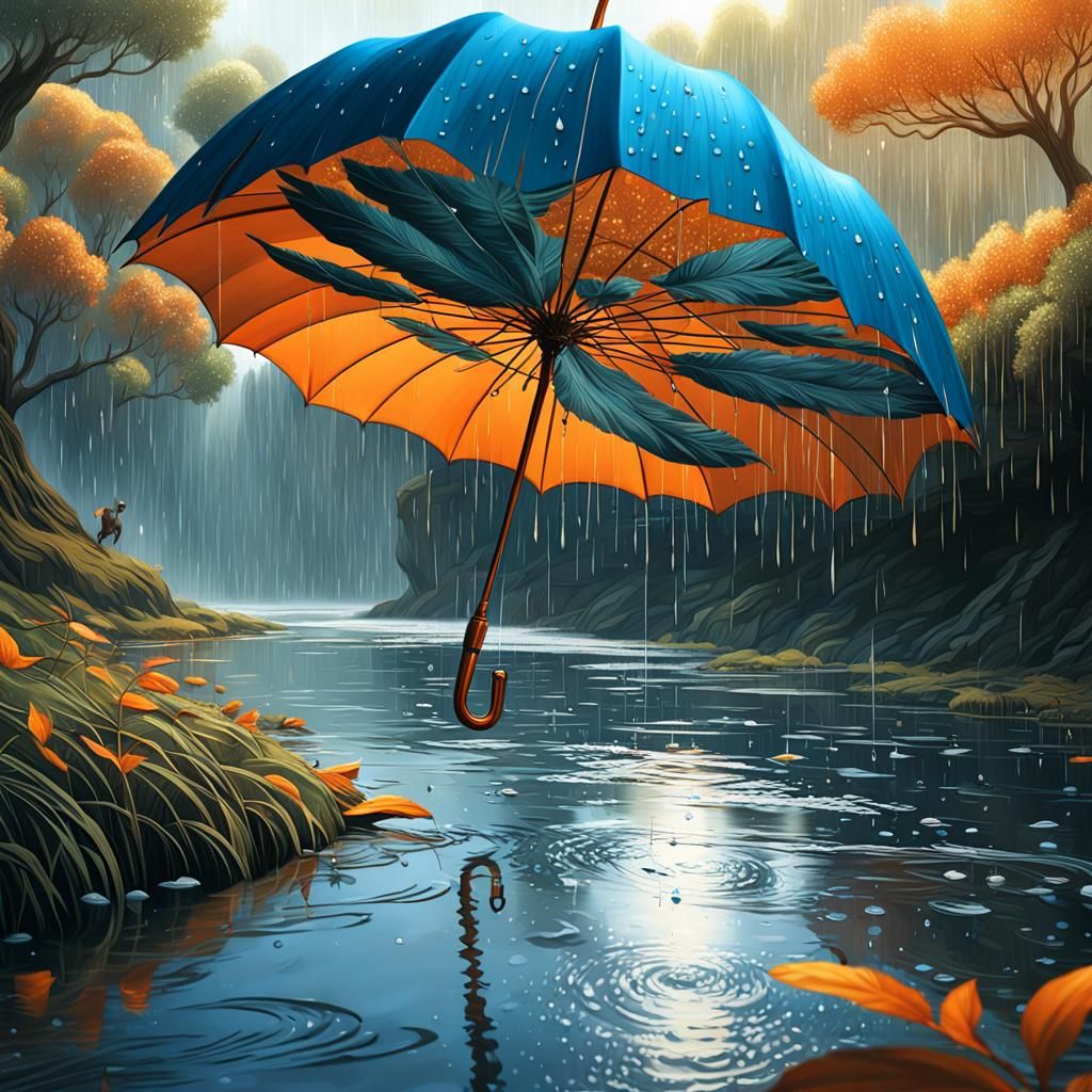 Fantasy Umbrella Drifts in Muted Riverbank Scene