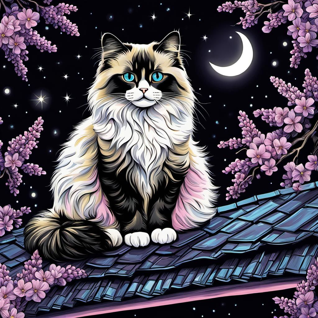 Ragdoll on the roof under the moonlight