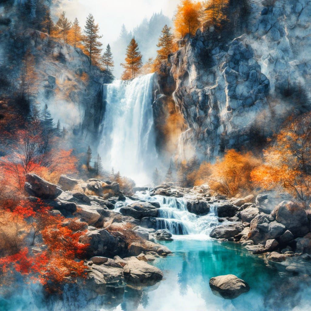 <lora:MJ6 Watercolor DE:1.0> double exposure of Waterfall and rocks, on a white background, stock vector illustration, modern surrealism-in...