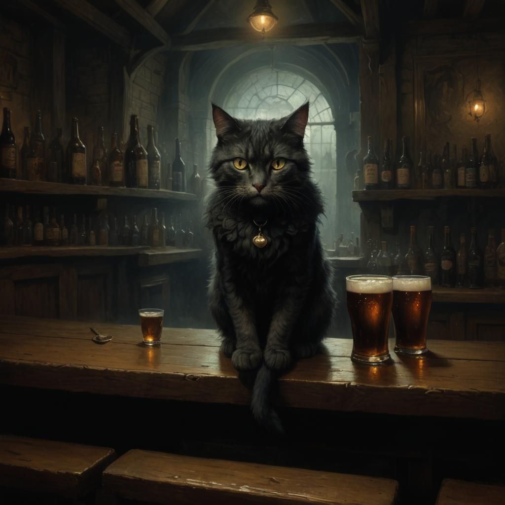 Cat at the pub. horror Gustave Doré Greg Rutkowski