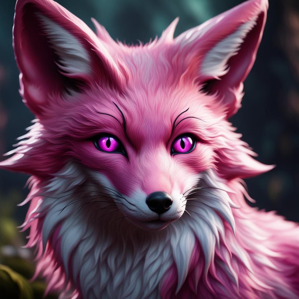 close shot of a realistic pink fox with plum-purple eyes