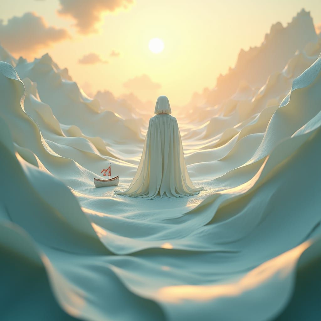 Contemplative Figure Emerges from Paper Sea