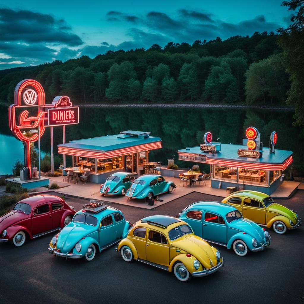Close-ups of vintage roadside diners with neon signs.
Portra...