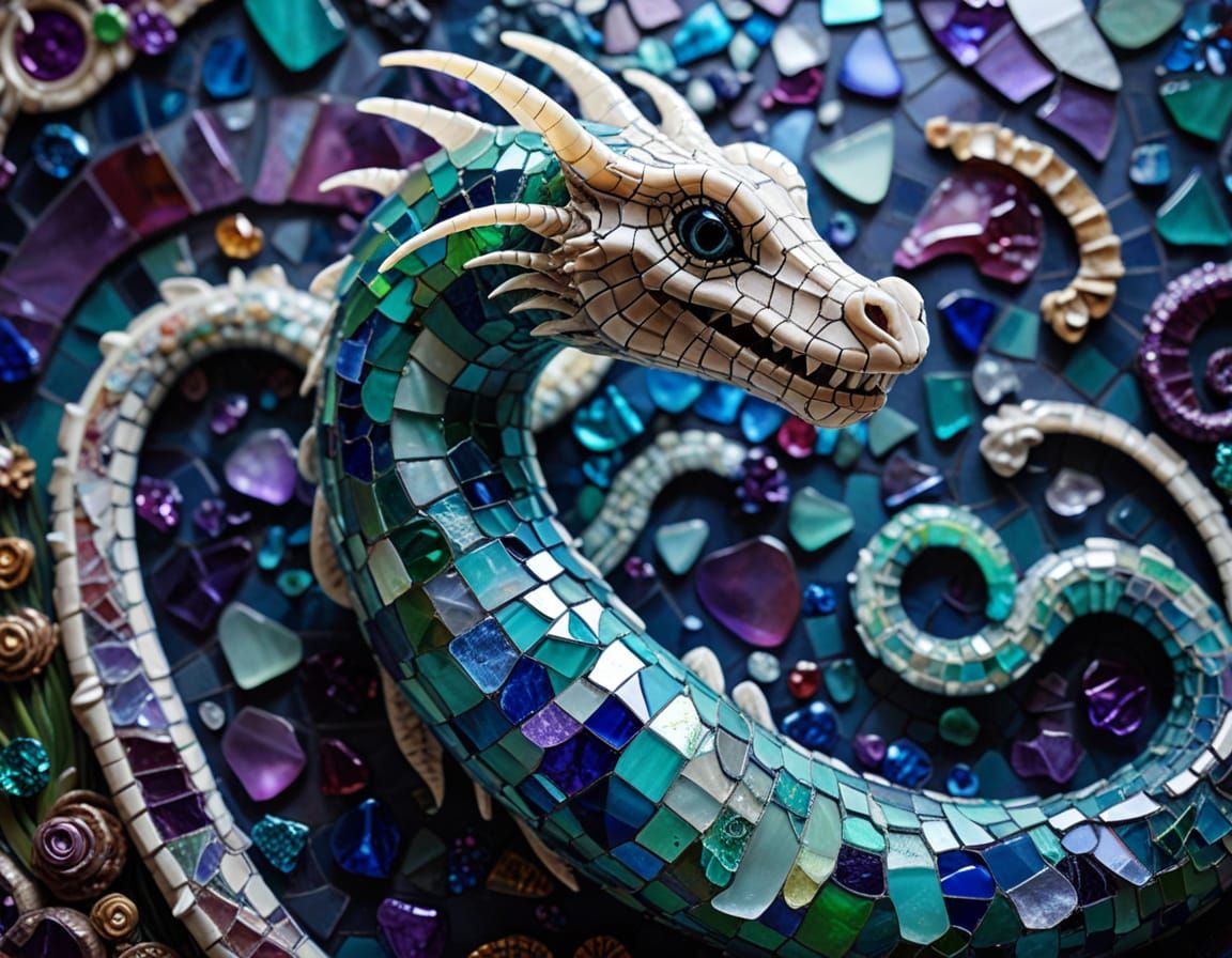 sea serpent made from tiny pieces of clear, colored sea glass