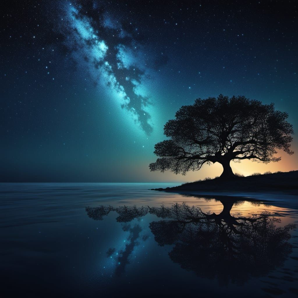lonely island with a single tree and chair under starry sky, vast ocean horizon, melancholic yet peaceful ...  by @SEA1337