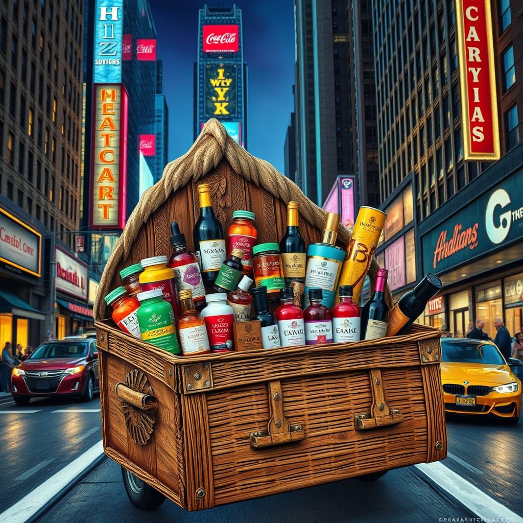 A mountain box with a basket full of vitamin bottles, makeup, perfume, cologne, wine going down a busy street