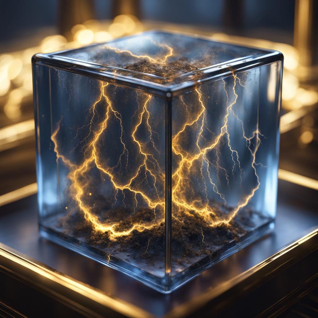 Lightning in a glass cube with golden edges