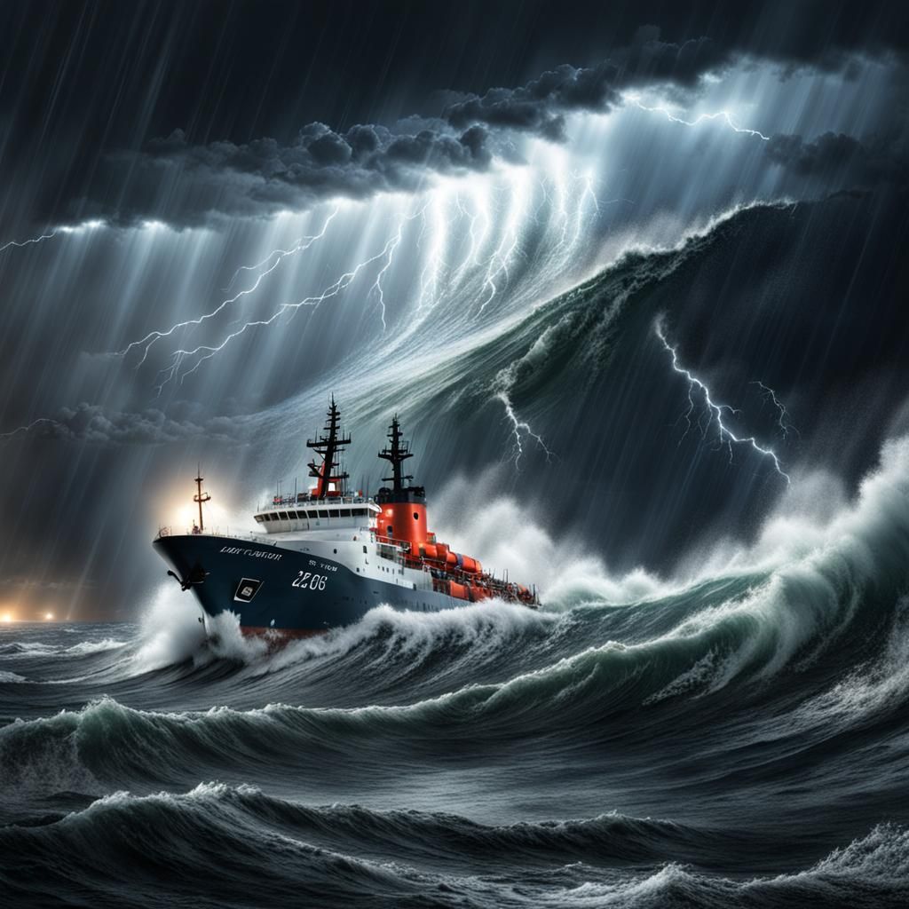 Big storm, ships at sea, coast guard rescue, massive waves, lighting strike, darkness, hyper realistic, ...  by @Meli
