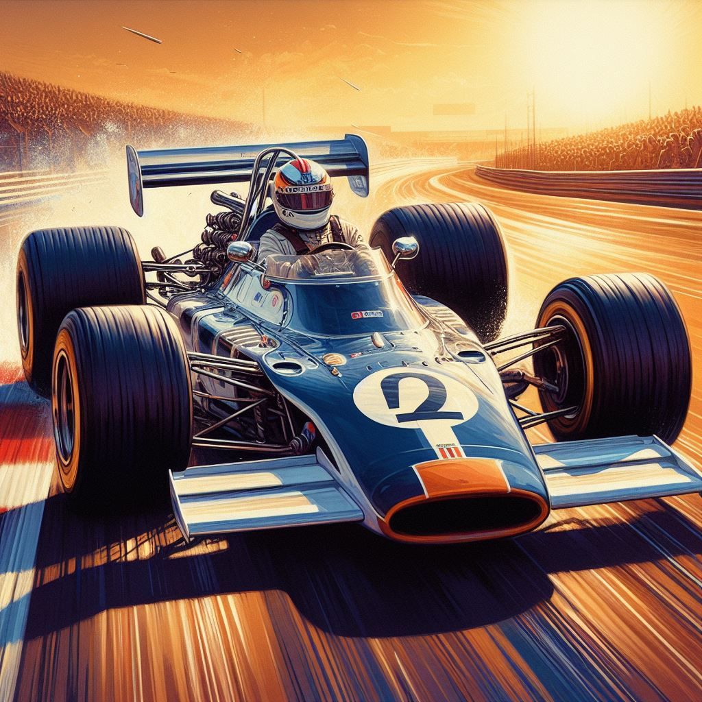 A painting of a racing car with a man on the front  by @Artless