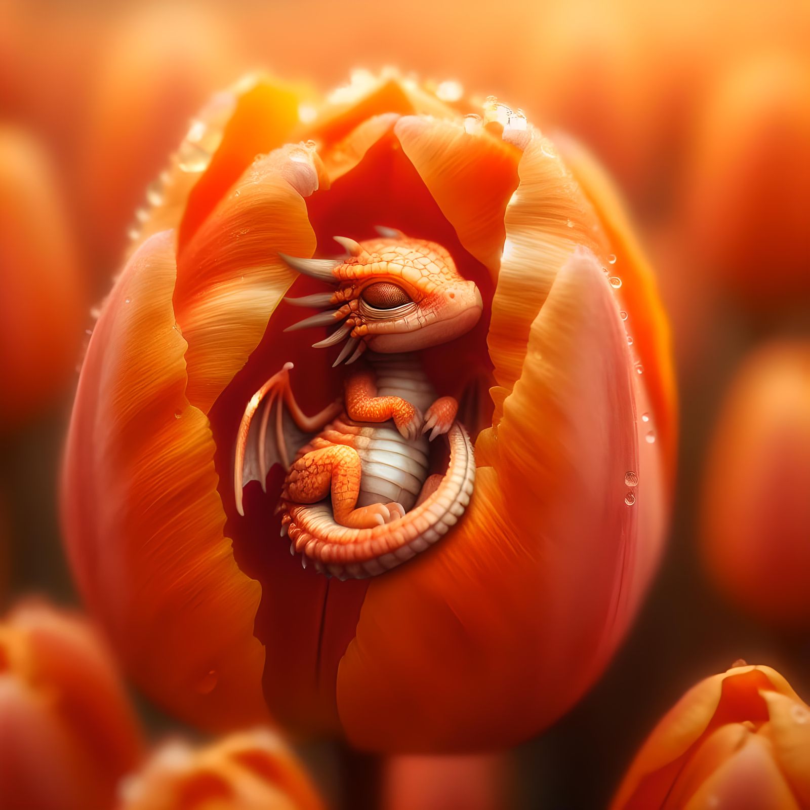 Tiny newborn dragon asleep in a tulip