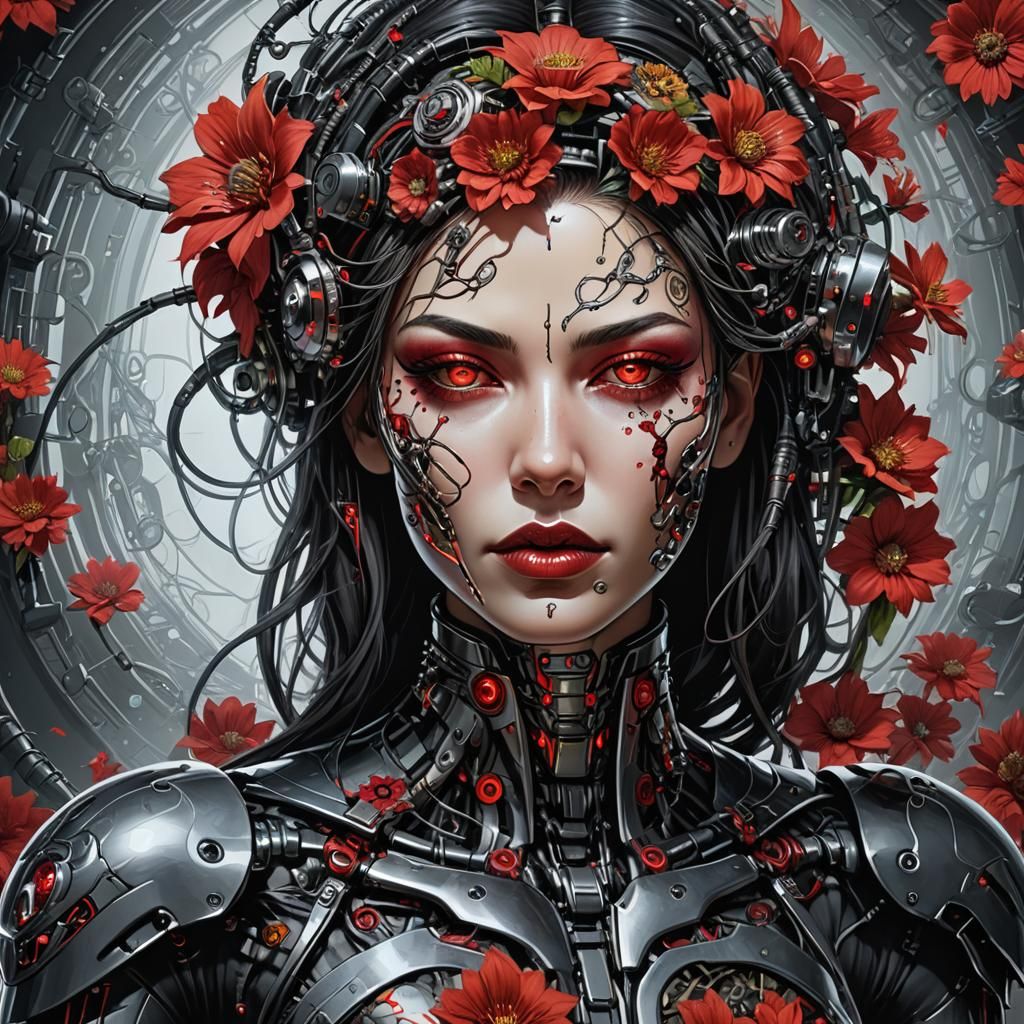 A biomechanical fem fatale cyborg, masterfully blending huma...