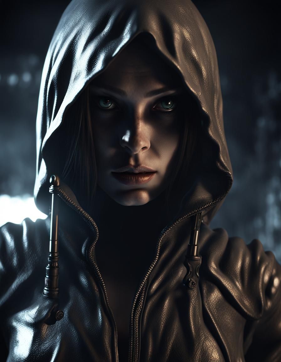 girl creed assassin, dark smoke around,, bright backlight ci...