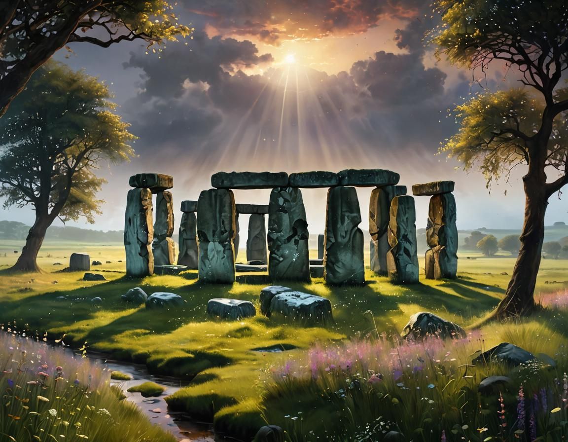 Stonehenge  (with shimmering, iridescent light from scattered, crystal-like dew drops catching the light:1.5) Moody Oil Painting, A lone, an...