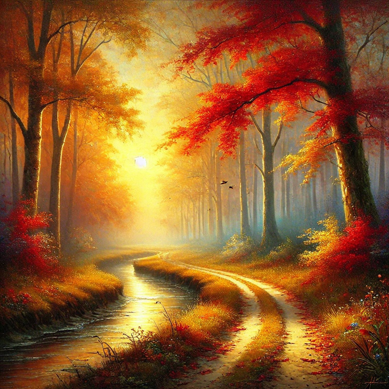 A serene autumn landscape with a winding forest path leading into the distance