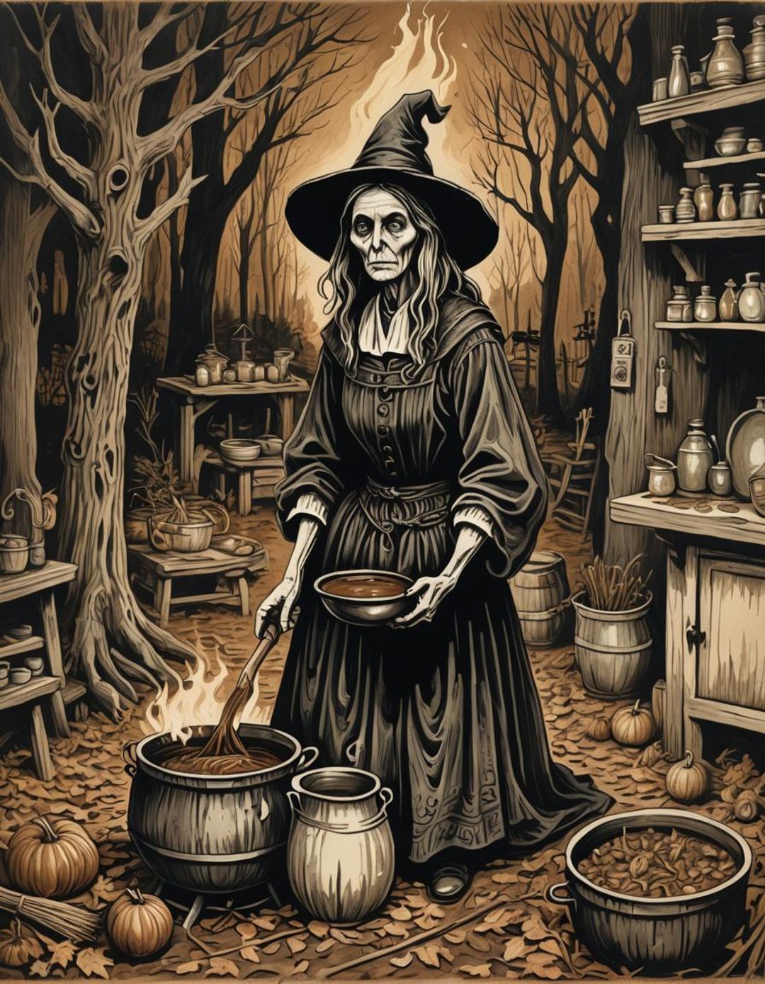 woodcut horror pagan eerie folk art puritan witch in kitchen with ...