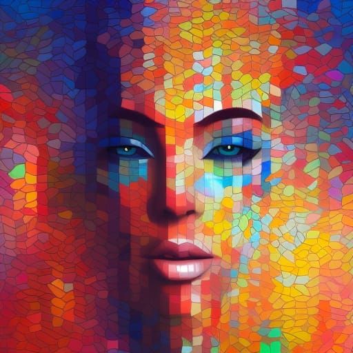 A beautiful woman made from a mosaic, multi-coloured, majestic, Prismatic trends, vibrant hues, triangles, ...  by @Drac_Rosenberg
