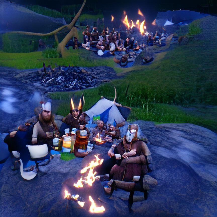 Viking tribe around a campfire, drinking mead, and waiting o...