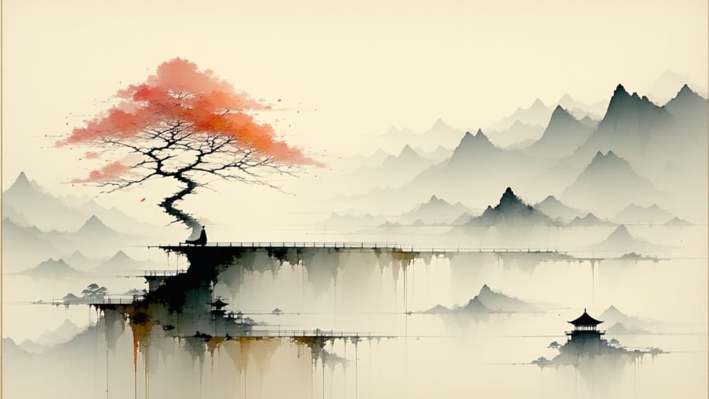 Elegant Cherry Blossom Temple in Traditional Chinese Ink Pai...