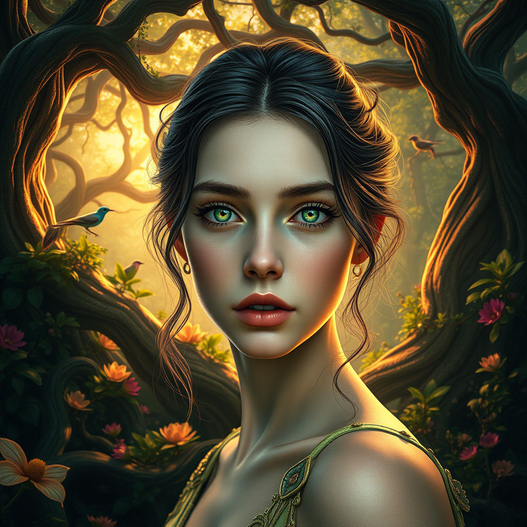 Enchanting Emerald-Eyed Woman in Mystical Forest