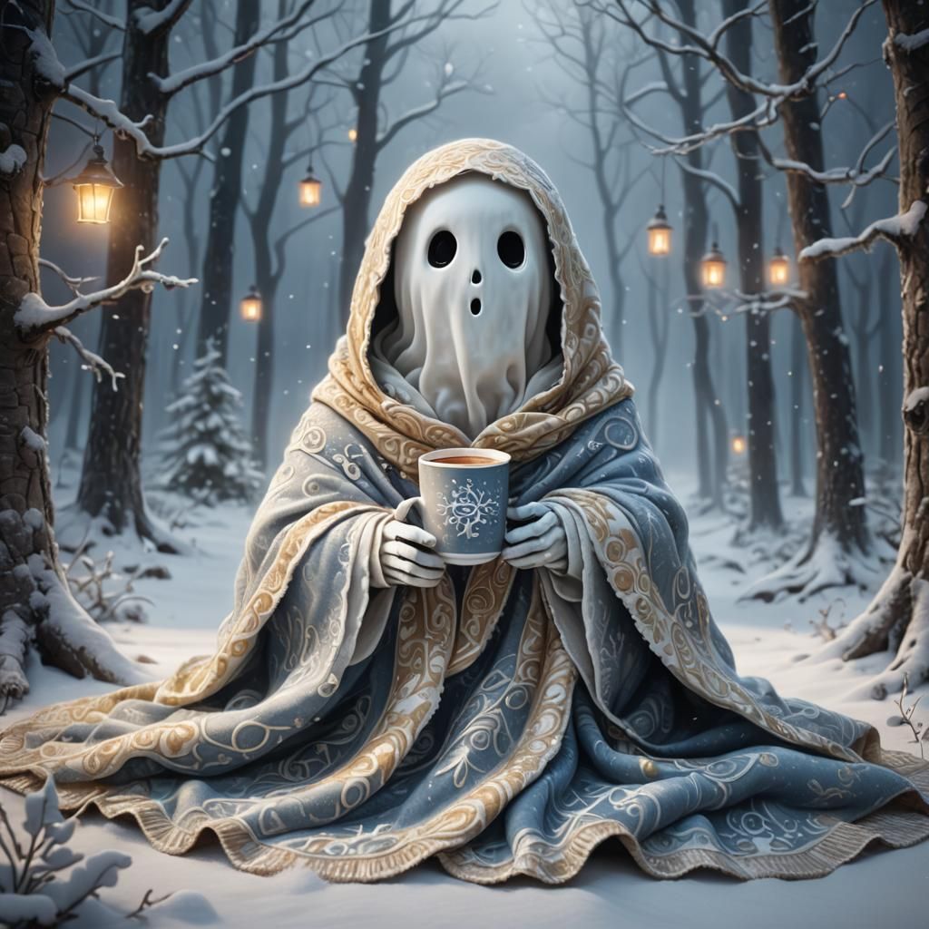 A tiny ghost wrapped in a cozy blanket, holding a cup of hot cocoa.
  by @CFB