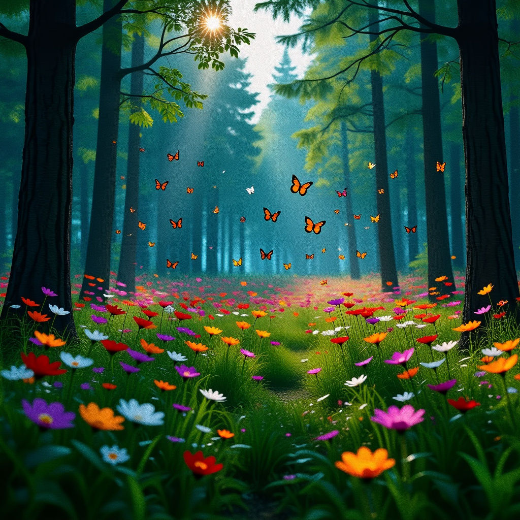 A computer generated hologram of a beautiful forest background and in front of it a flower meadow full of butterflies slowly is pixelating o...