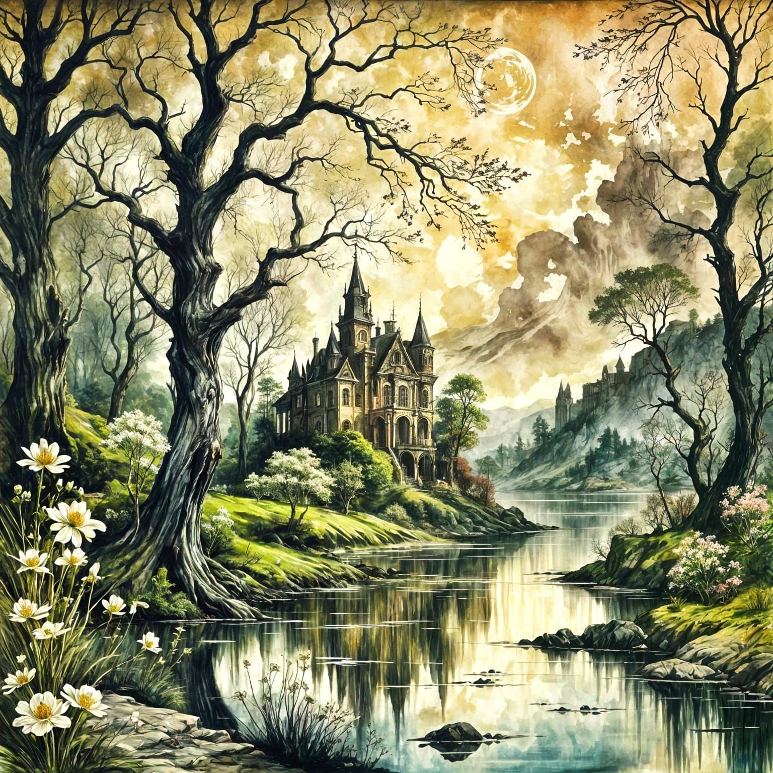 eerie mansion at lake  by @CyberArtPunk